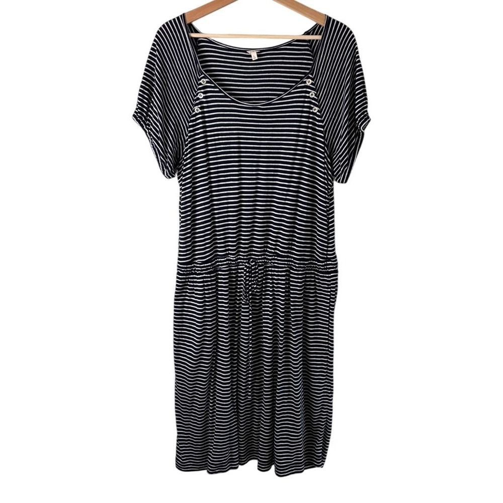 J. Crew Dress Navy White Striped Women L Drawstring Waist Rayon Linen Knit